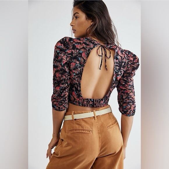 Free People WOMENS Monica Floral Corset Top Cropped Backless NWOT Black Red XS - Picture 11 of 13